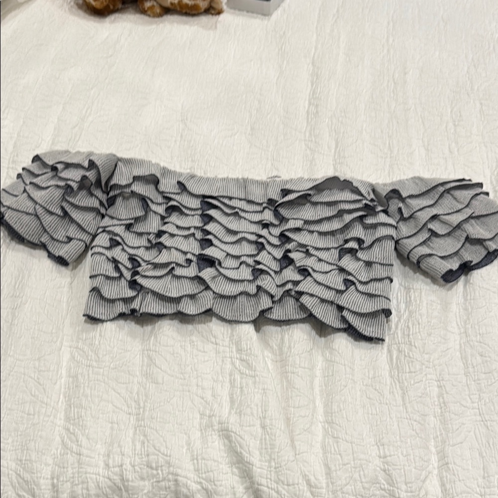 Club Monaco Mettalic knit blue Off-Shoulder crop top